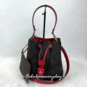 Coach Rowan Bucket Bag In Maxi Signature Canvas/Gold/Walnut/True Red CCD77 NWT